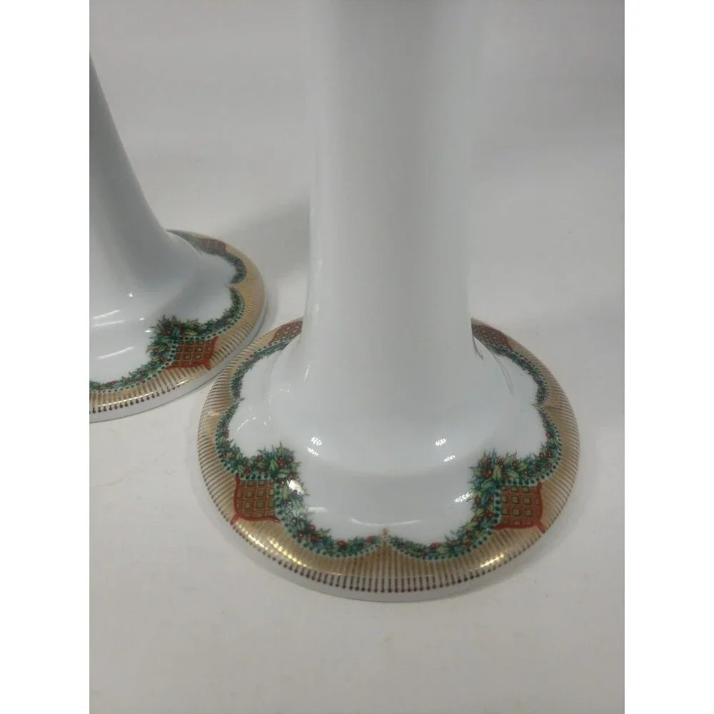 Vintage Royal Copenhagen Christmas Joy Candlesticks 503 Holly Garland Gold Trim